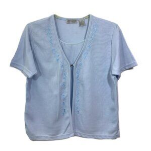 Carolyn Taylor Floral Embroidered Cardigan Sweater Light Blue L